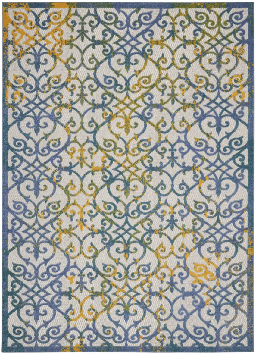Ivory And Blue Floral Indoor Outdoor Area Rug Photo 1
