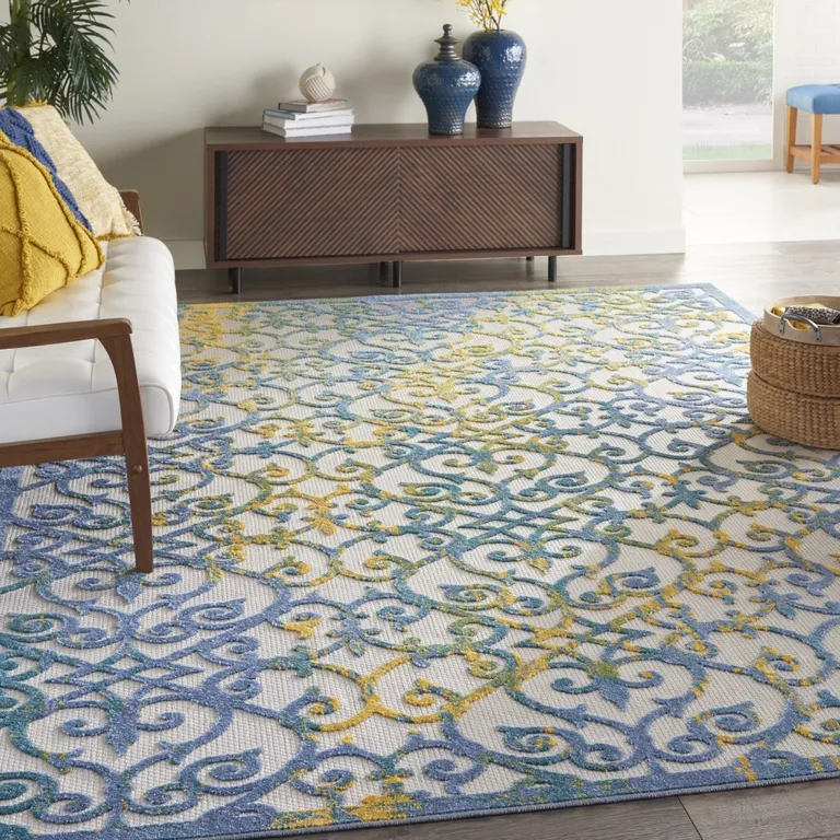 Ivory and Blue Indoor Outdoor Area Rug Photo 5