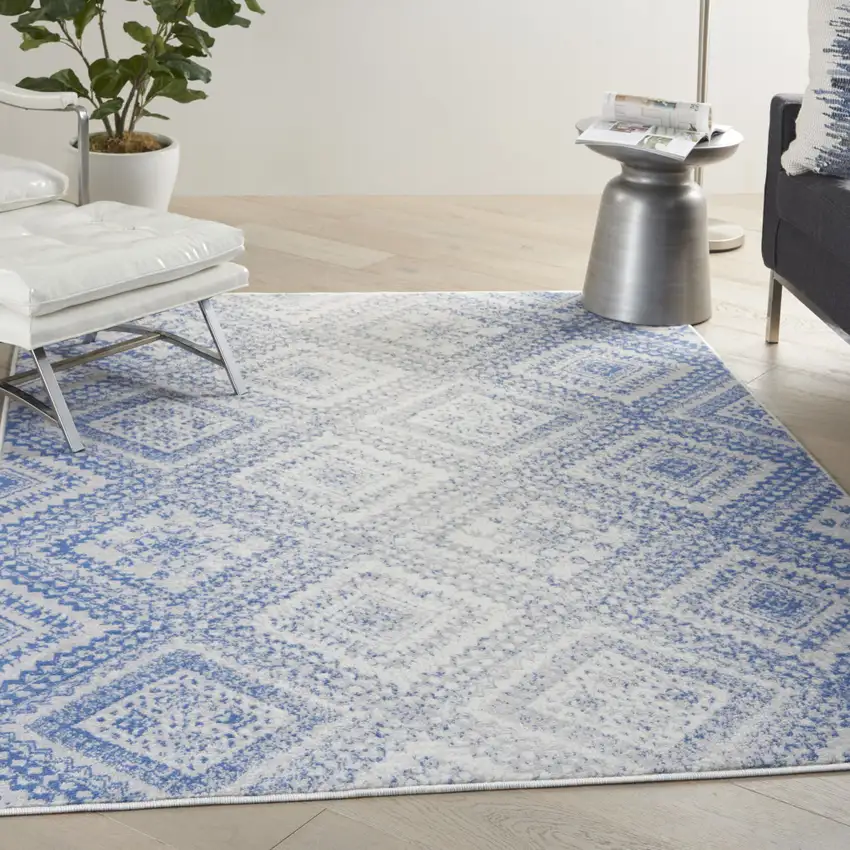 Ivory And Blue Geometric Area Rug Photo 3