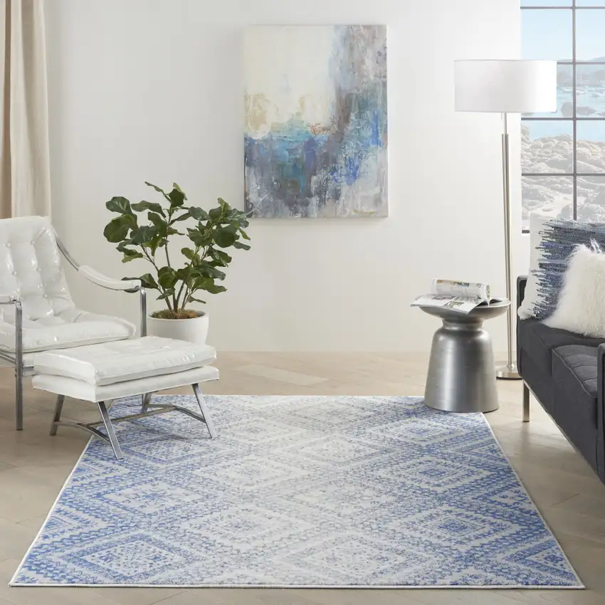 Ivory And Blue Geometric Area Rug Photo 6