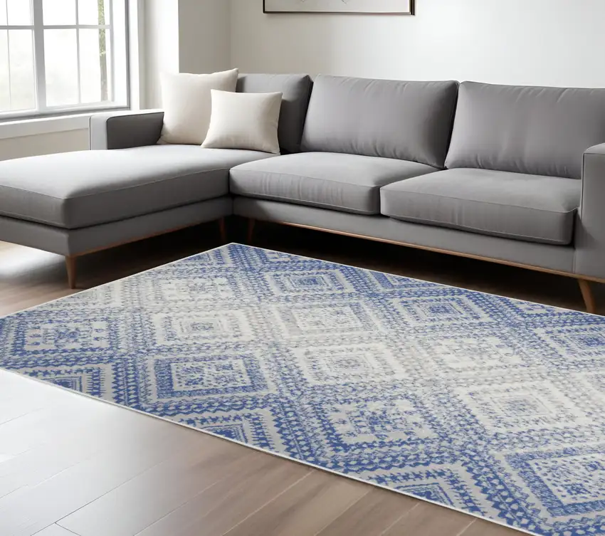 Ivory And Blue Geometric Area Rug Photo 2