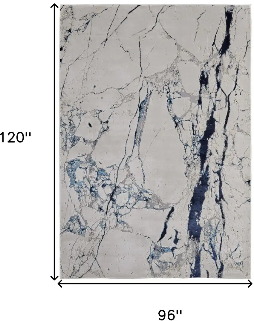 Ivory and Blue Marble Power Loom Distressed Area Rug Photo 3