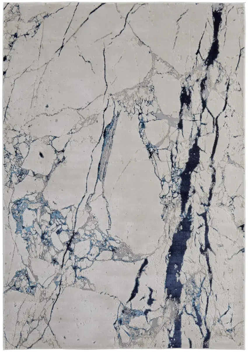 Ivory and Blue Marble Power Loom Distressed Area Rug Photo 2