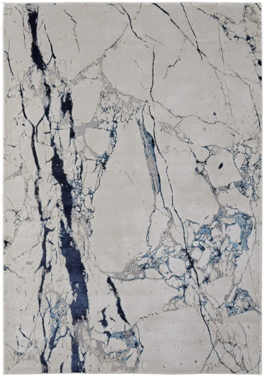 Ivory and Blue Marble Power Loom Distressed Area Rug Photo 4