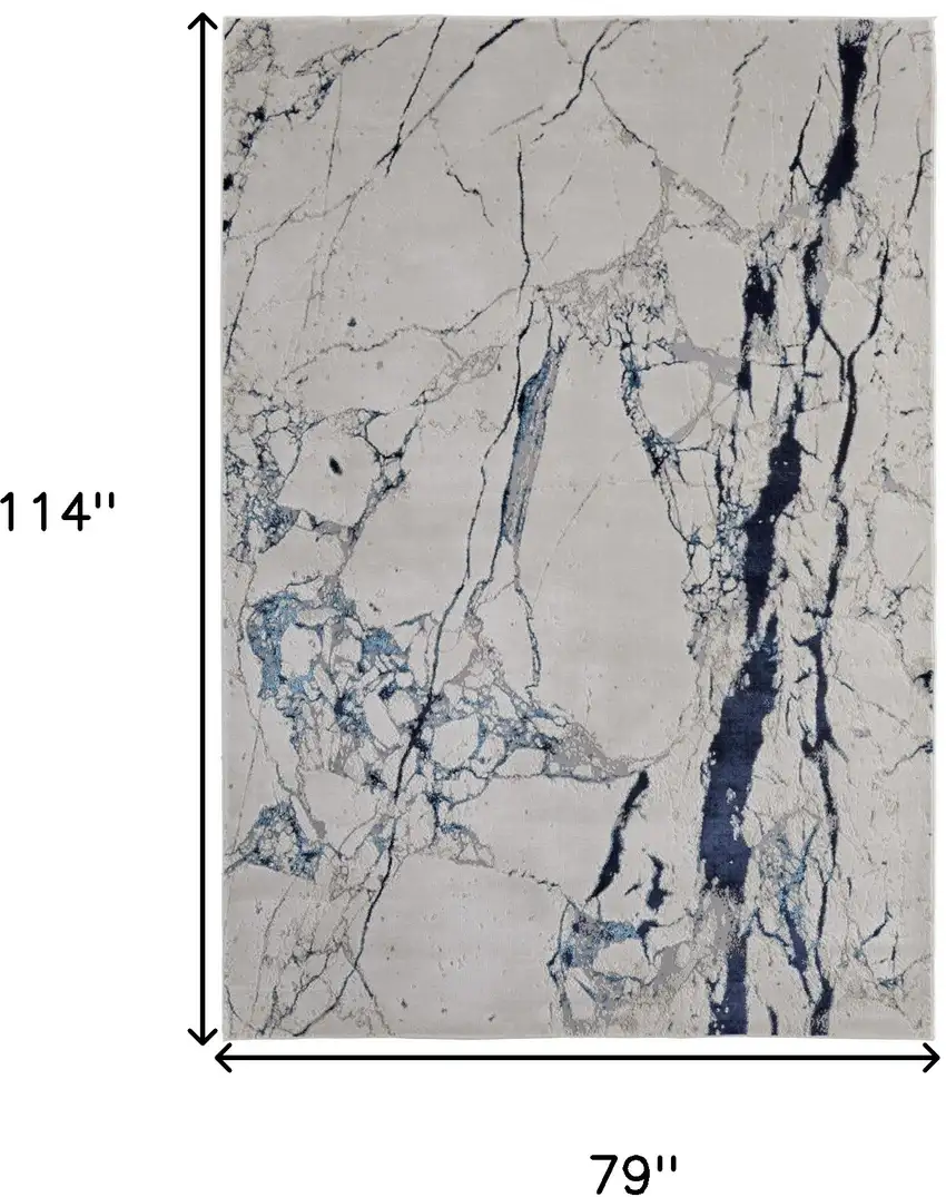 Ivory and Blue Marble Power Loom Distressed Area Rug Photo 3