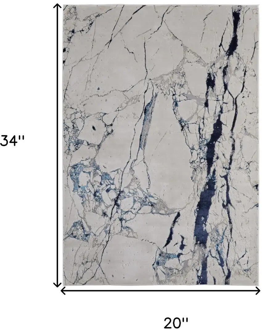 Ivory and Blue Marble Power Loom Distressed Area Rug Photo 3