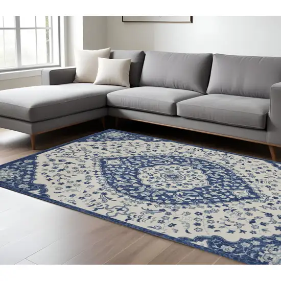 Ivory And Blue Medallion Area Rug Photo 1