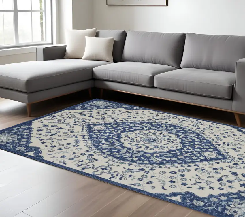 Ivory And Blue Medallion Area Rug Photo 1