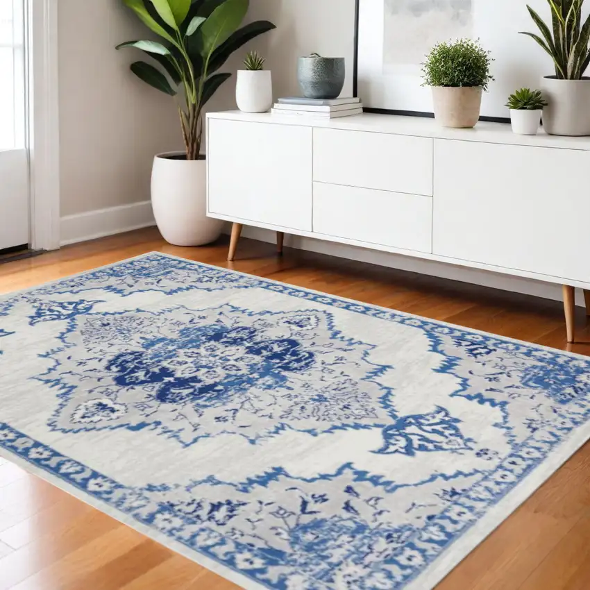 Ivory And Blue Medallion Area Rug Photo 2