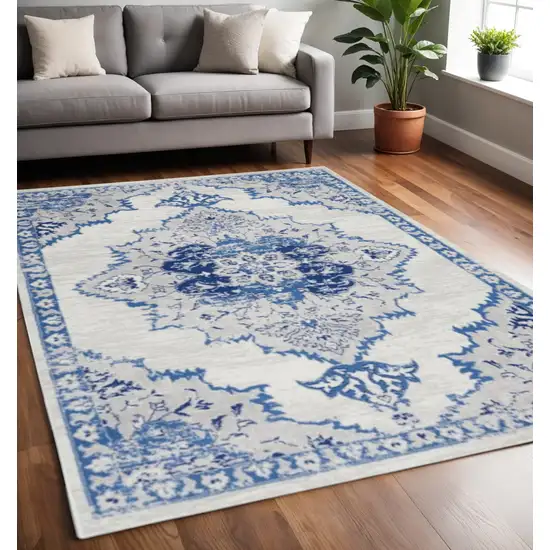 Ivory And Blue Medallion Area Rug Photo 2