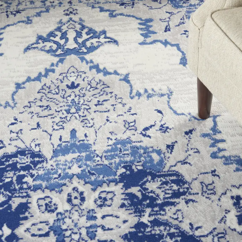 Ivory And Blue Medallion Area Rug Photo 9
