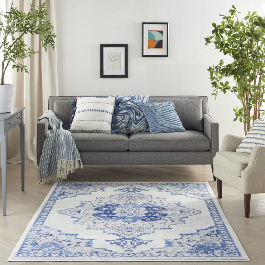 Ivory And Blue Floral Area Rug Photo 6