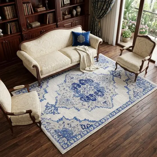 Ivory And Blue Floral Area Rug Photo 1