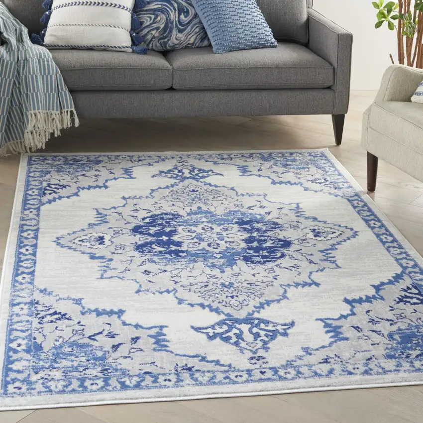Ivory And Blue Floral Area Rug Photo 5