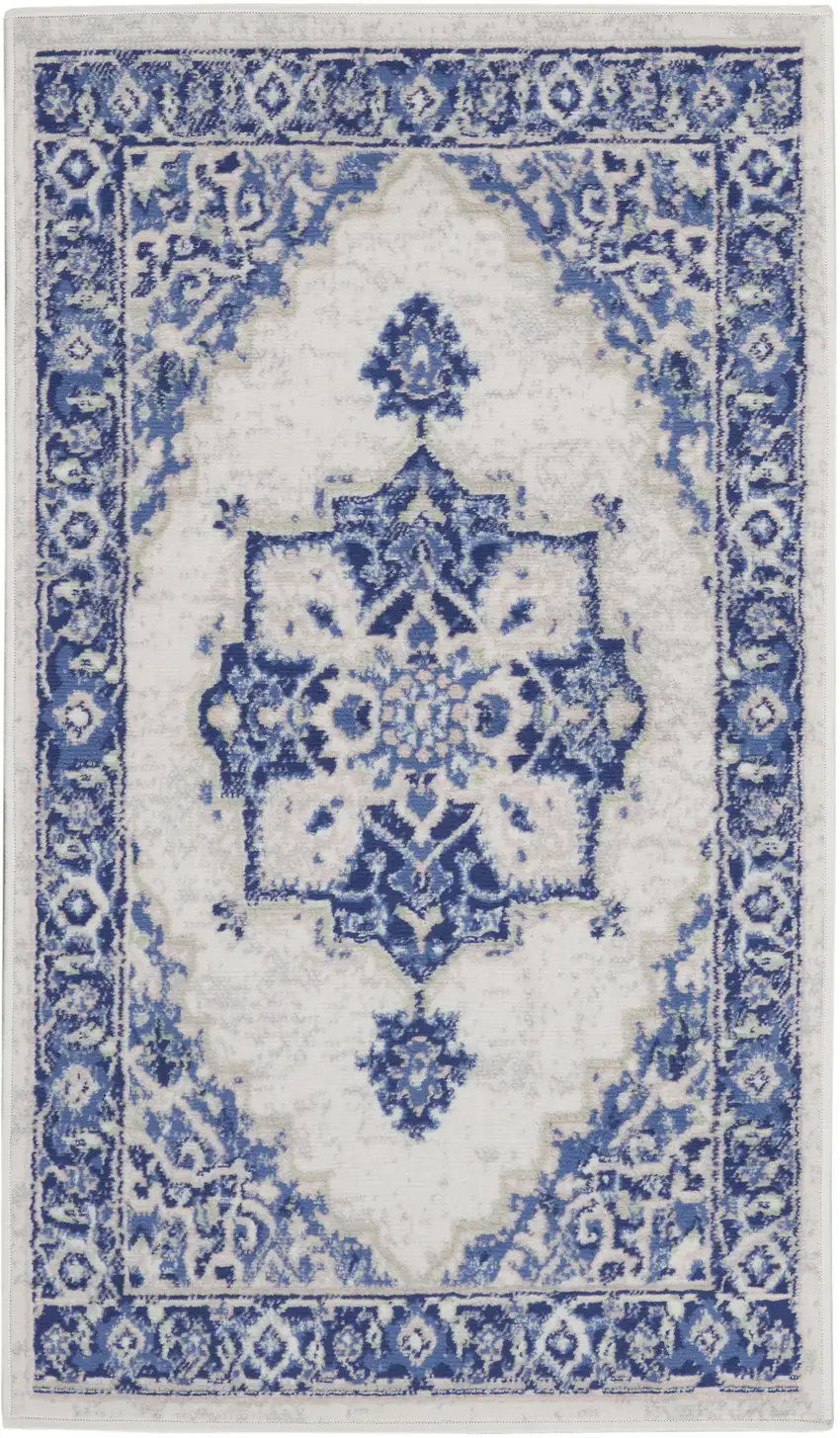 Ivory and Blue Medallion Area Rug Photo 2