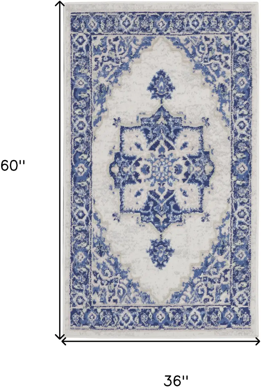 Ivory and Blue Medallion Area Rug Photo 3