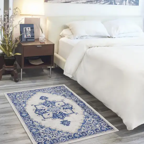 Ivory and Blue Medallion Area Rug Photo 3