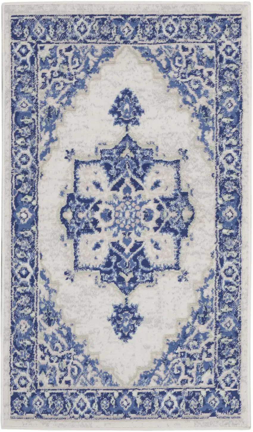 Ivory and Blue Medallion Area Rug Photo 1