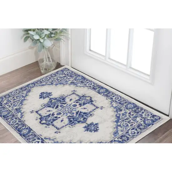 Ivory and Blue Medallion Area Rug Photo 1