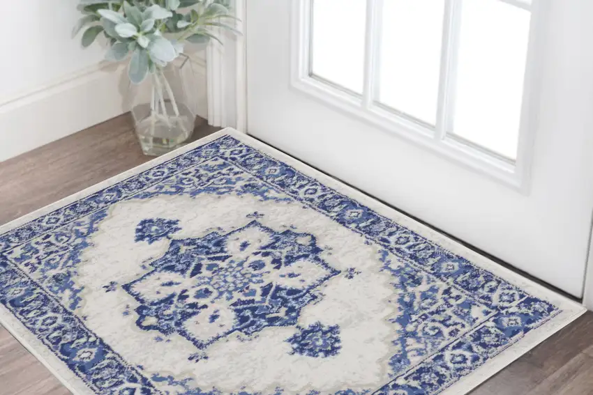 Ivory and Blue Medallion Area Rug Photo 1