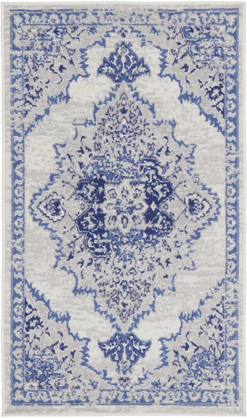 Ivory and Blue Medallion Area Rug Photo 1