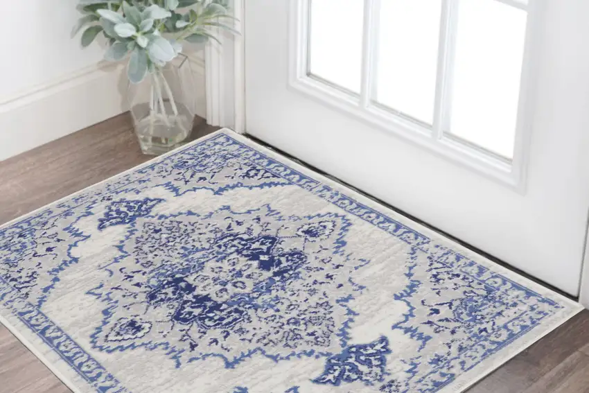 Ivory and Blue Medallion Area Rug Photo 1