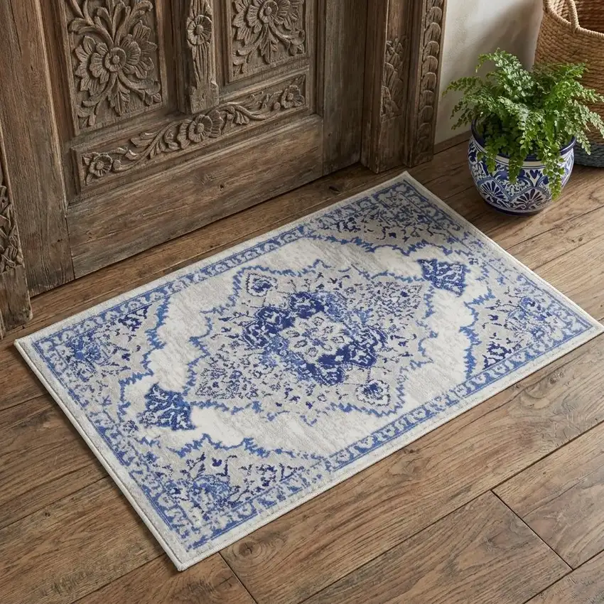 Ivory and Blue Medallion Area Rug Photo 1
