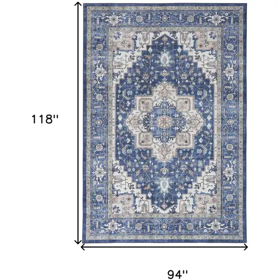 Ivory and Blue Medallion Distressed Non Skid Area Rug Photo 3