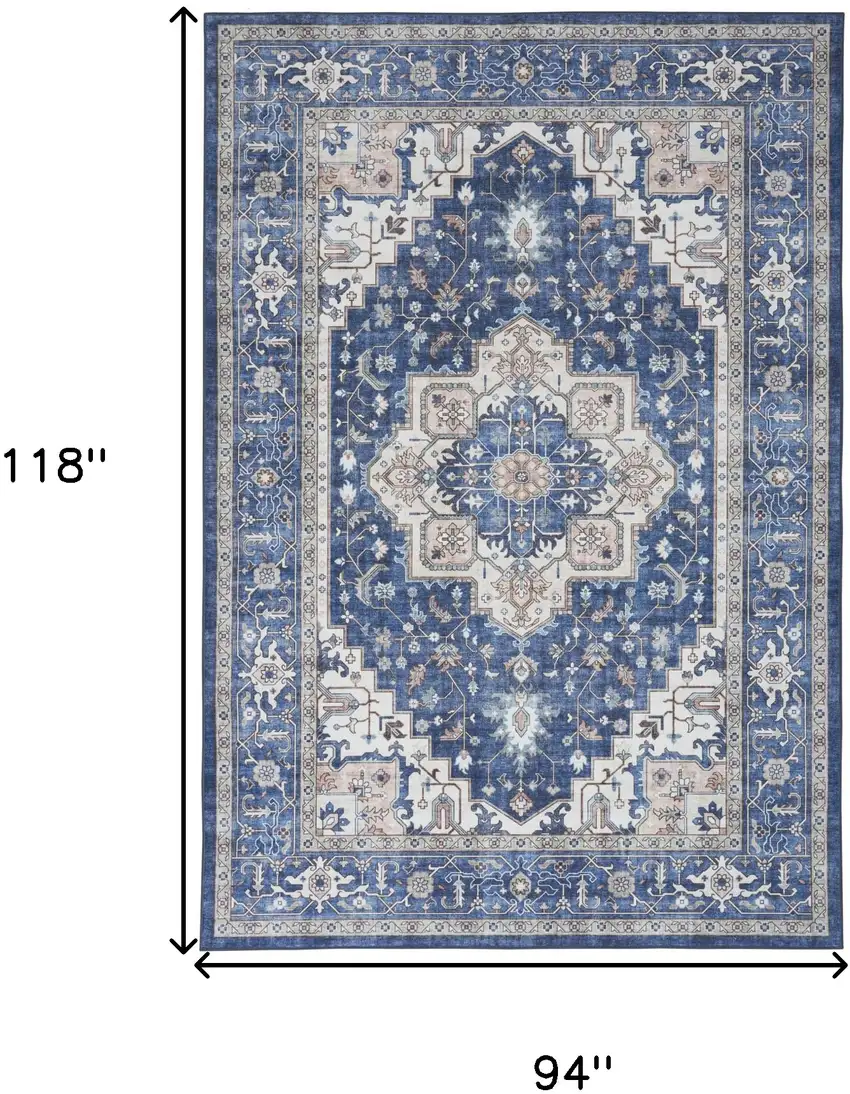 Ivory and Blue Medallion Distressed Non Skid Area Rug Photo 3