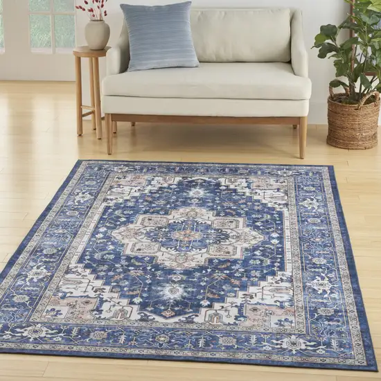 Ivory and Blue Medallion Distressed Non Skid Area Rug Photo 3