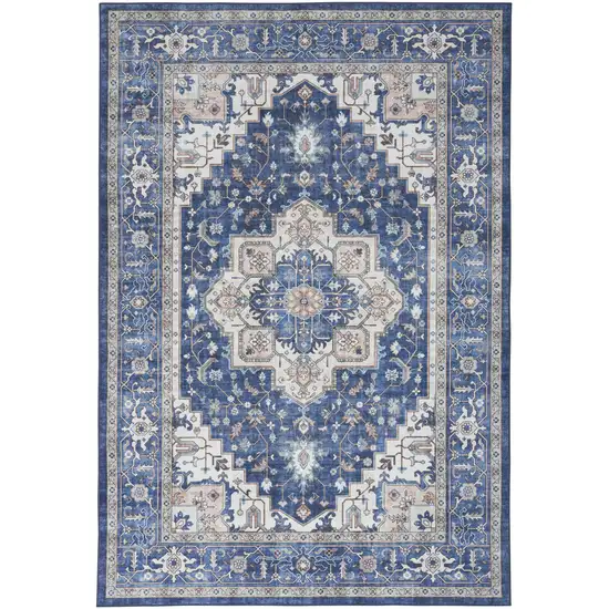 Ivory and Blue Medallion Distressed Non Skid Area Rug Photo 1