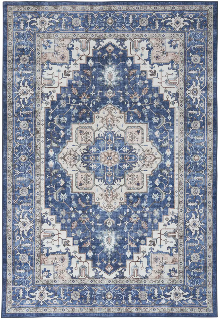 Ivory and Blue Medallion Distressed Non Skid Area Rug Photo 1