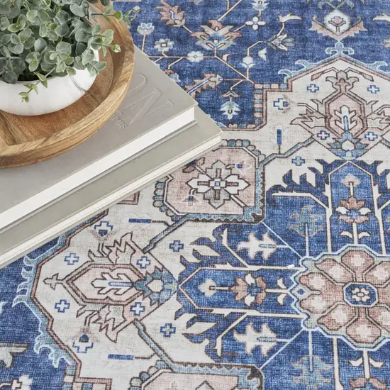 Ivory and Blue Medallion Distressed Non Skid Area Rug Photo 4