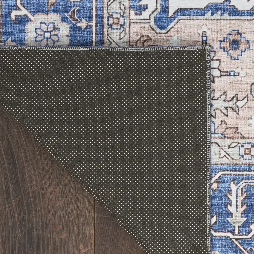 Ivory and Blue Medallion Distressed Non Skid Area Rug Photo 8