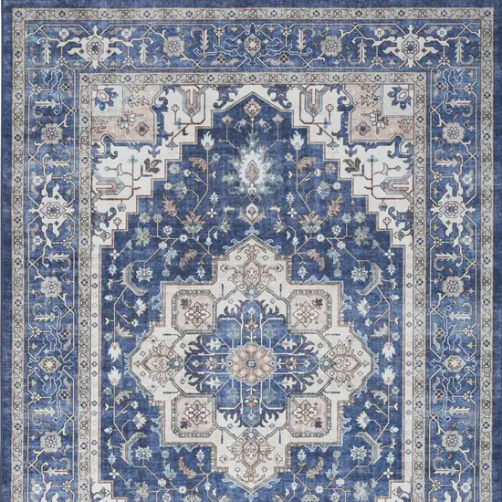 Ivory and Blue Medallion Distressed Non Skid Area Rug Photo 8