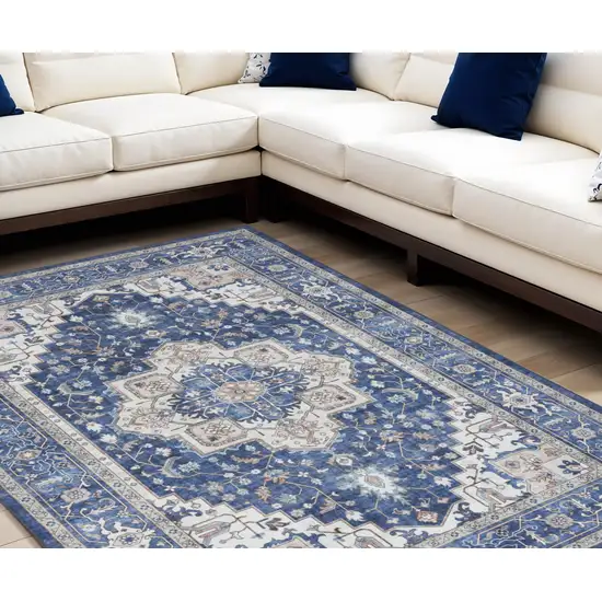 Ivory and Blue Medallion Distressed Non Skid Area Rug Photo 1