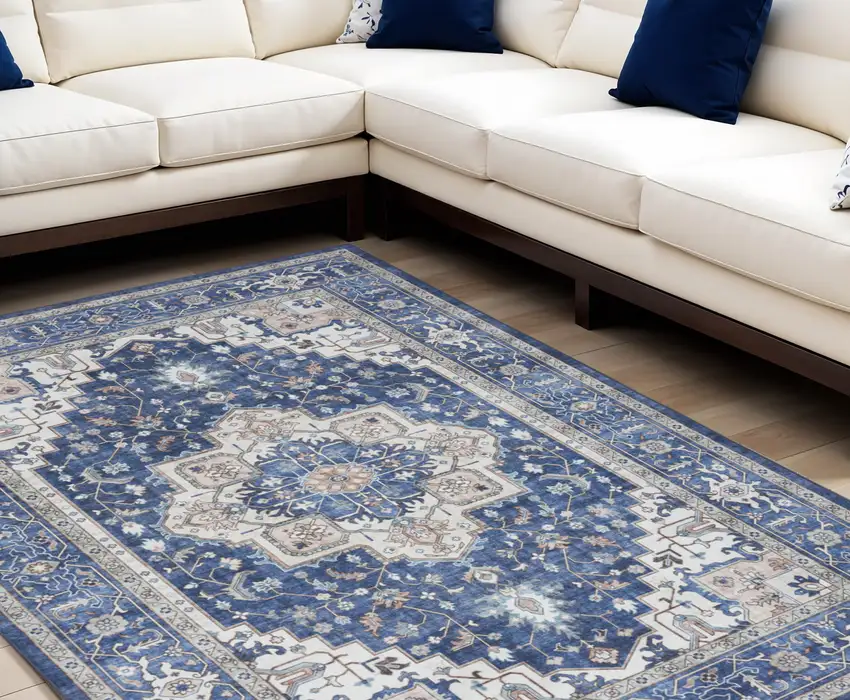 Ivory and Blue Medallion Distressed Non Skid Area Rug Photo 1