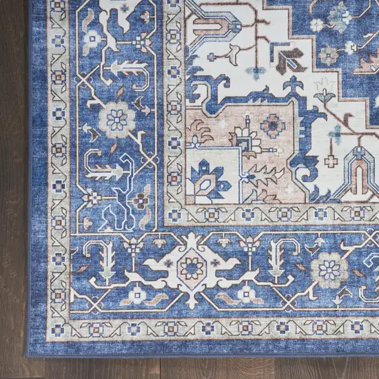 Ivory and Blue Medallion Distressed Non Skid Area Rug Photo 4