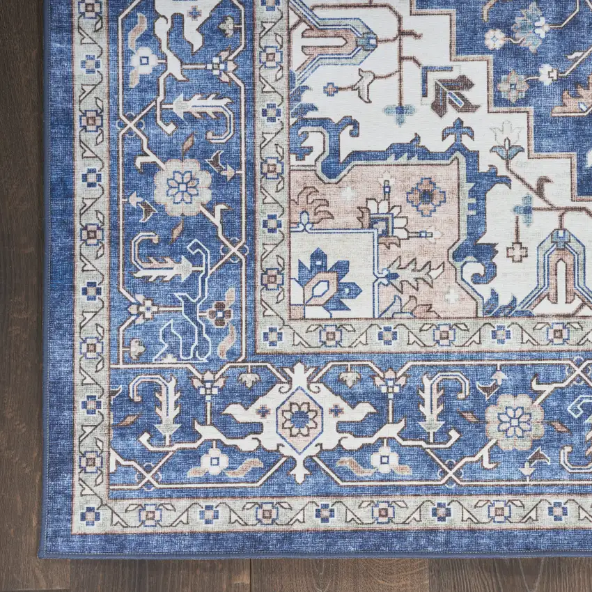 Ivory and Blue Medallion Distressed Non Skid Area Rug Photo 4
