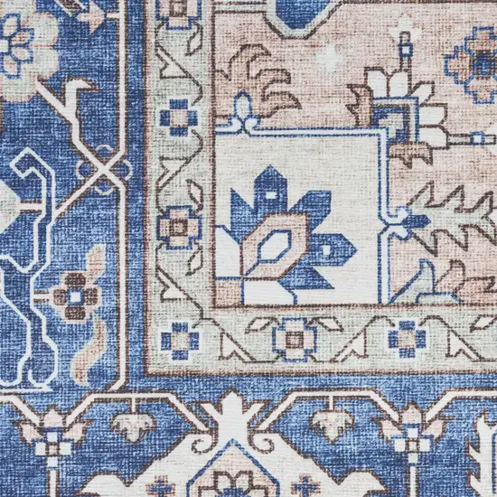 Ivory and Blue Medallion Distressed Non Skid Area Rug Photo 5