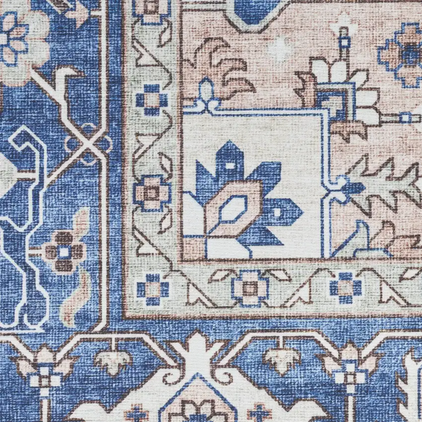 Ivory and Blue Medallion Distressed Non Skid Area Rug Photo 5