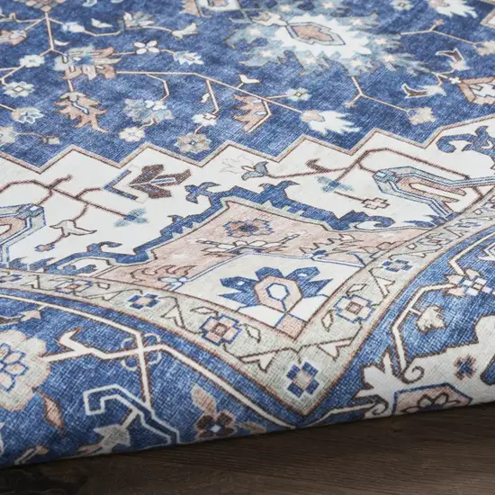 Ivory and Blue Medallion Distressed Non Skid Area Rug Photo 6