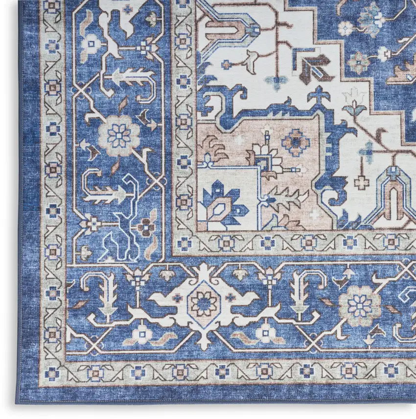 Ivory and Blue Medallion Distressed Non Skid Area Rug Photo 7