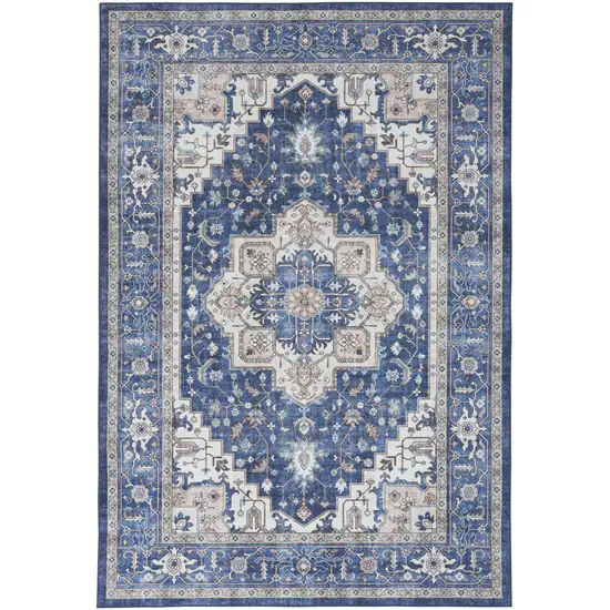 Ivory and Blue Medallion Distressed Non Skid Area Rug Photo 2