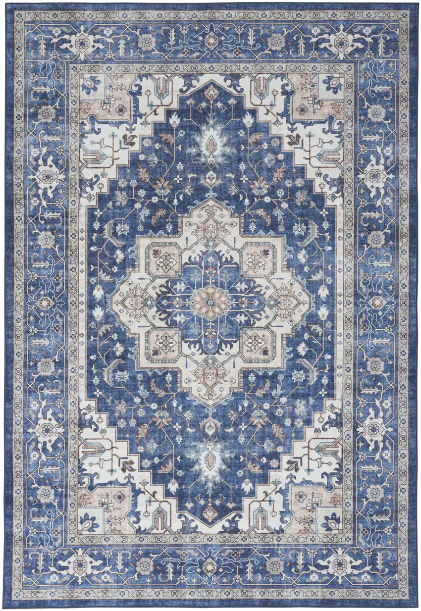 Ivory and Blue Medallion Distressed Non Skid Area Rug Photo 2