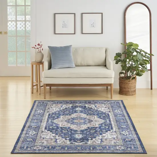 Ivory and Blue Medallion Distressed Non Skid Area Rug Photo 5