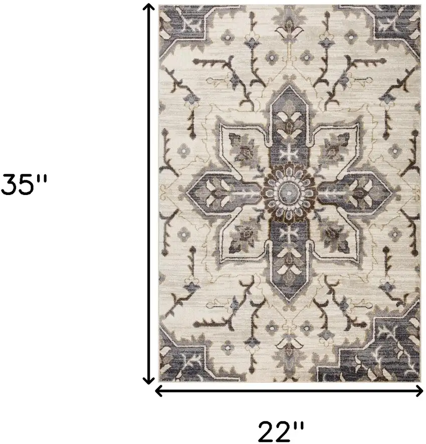Ivory and Blue Medallion Power Loom Area Rug Photo 8
