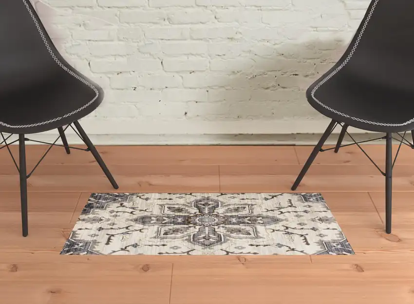 Ivory and Blue Medallion Power Loom Area Rug Photo 2