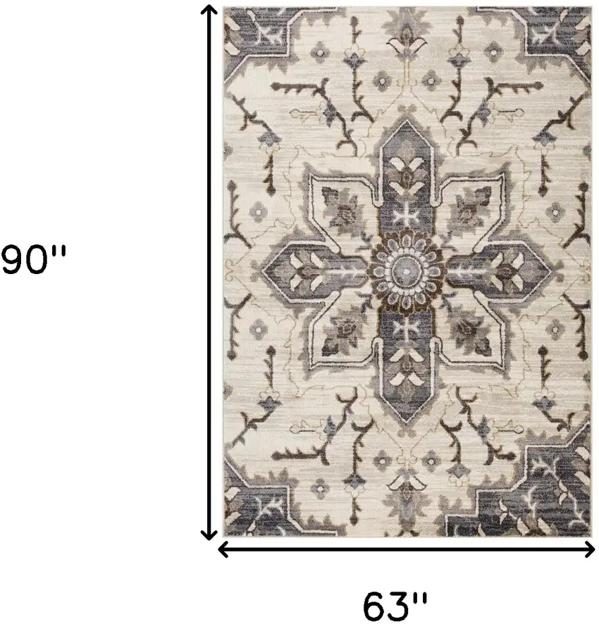 Ivory and Blue Medallion Power Loom Area Rug Photo 8