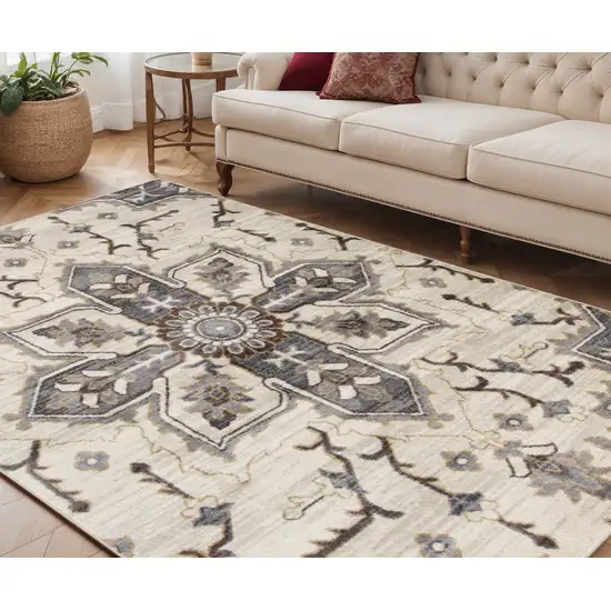Ivory Gray and Black Floral Medallion Power Loom Area Rug Photo 1
